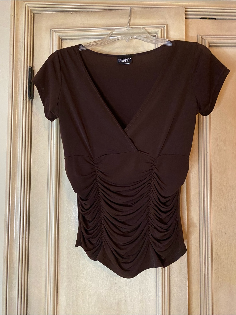 Baranda Brown Faux Wrap V-Neck Top Women's Size S Ruched Front New Without Tags